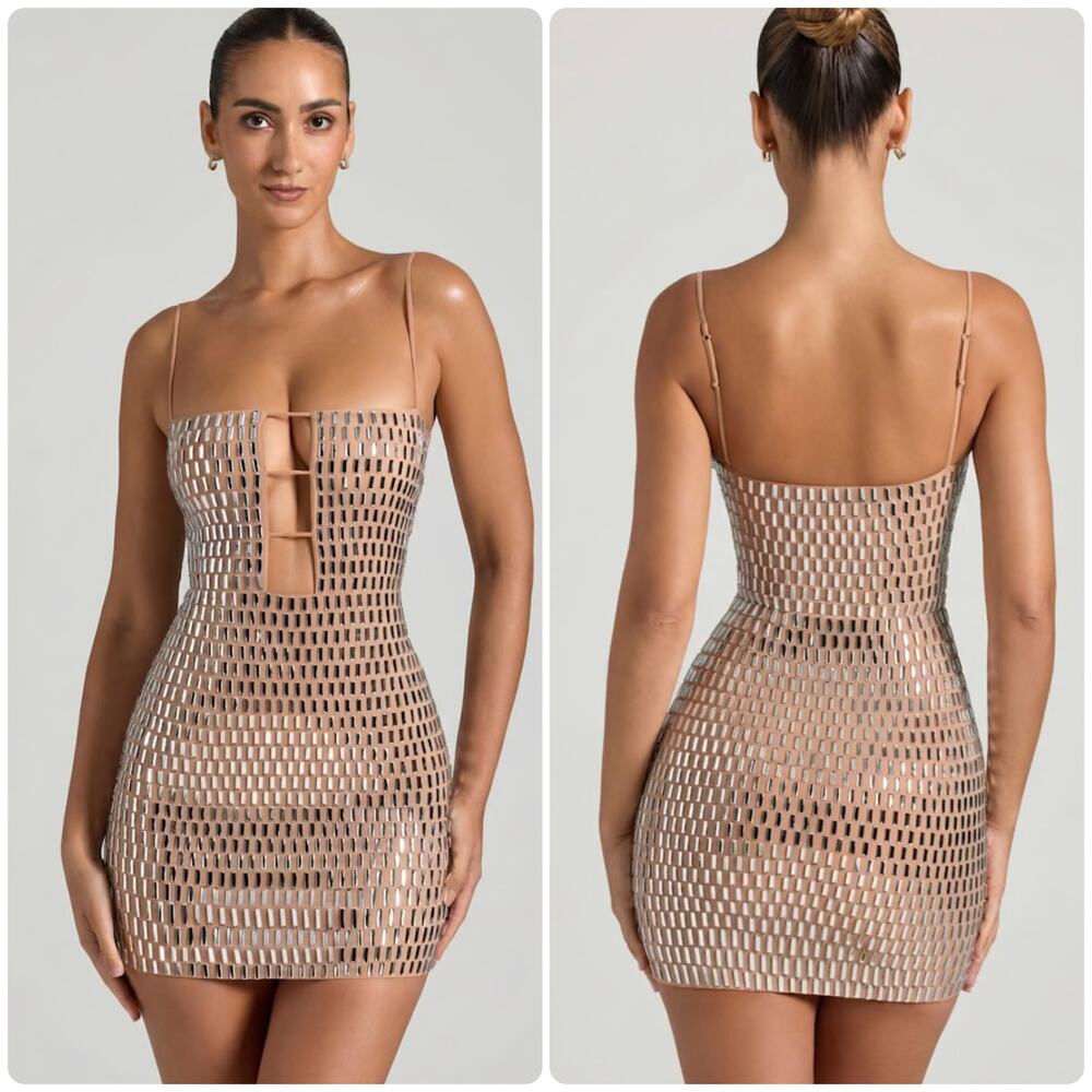 Oh Polly Alanni Embellished Cut-Out Mini Dress in Honey size 2 New